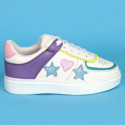 Pine Kids Laced UpClosure Casual Shoes with Star & Heart Patch - White & Purple image 4