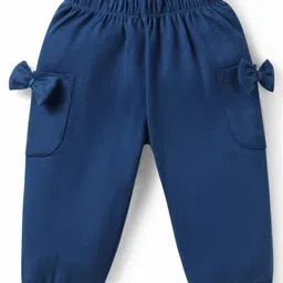 Babyoye Eco Conscious 100% Cotton Knit With Eco Jiva Finish Half Puffed Sleeves Top & Lounge Pant Set With Floral Print & Bow Applique - Navy Blue image 4