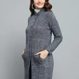 Monte Carlo Women's Grey Self Design Round Neck Full Sleeve Knitted Coat image 3