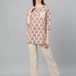 Jaipur Kurti Beige Printed Top Pant Set With Hairband-image-31