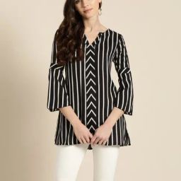 Qurvii Black & White Striped V-Neck Top-picture-0