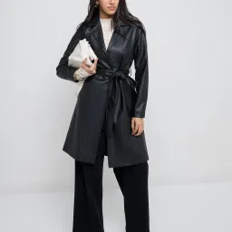 LOV by Westside Black Faux Leather Trench Coat with Belt image 3