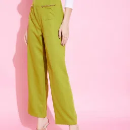 KASSUALLY Lime Green Regular Fit Mid Rise Trousers image 3