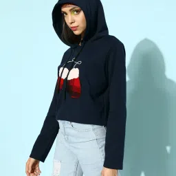 KASSUALLY Navy Cotton Printed Crop Hoodie image 3