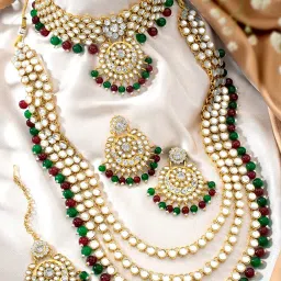 Peora Gold-Plated Kundan Beads Bridal Choker Long Necklace Earrings Maangtikka Wedding Jewellery Set image 3