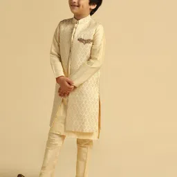 KISAH Boys Beige Woven Kurta Jacket Pyjama Set image 3