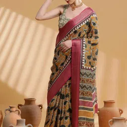 Saree Mall Mustard & Pink Printed Saree With Unstitched Blouse image 3