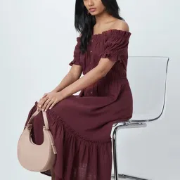 SELVIA Maroon Midi Fit & Flare Dress image 3