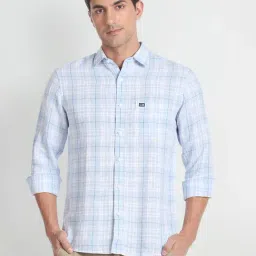 Arrow Sport Blue Slim Fit Check Linen Shirt-image-2