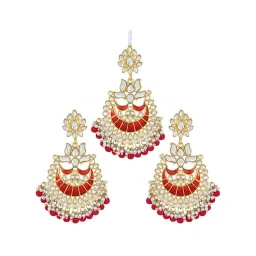 Peora Gold-Plated Kundan Pearl Enamel Maang Tikka Earring Set Jewellery image 3