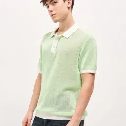 The Bear House Green Cotton Regular Fit Self Design T-Shirt image 3