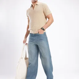 glitchez Men Urban Cool Wide Leg Mid-Rise Light Fade Panelling Slit Jeans image 4