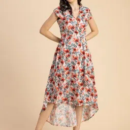 Moomaya Red & Blue Floral Print High-low Dress-picture-43