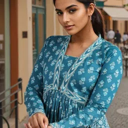 SZN Women Turquoise Blue Floral Printed Alia Cut Anarkali Cotton Dress image 4