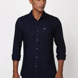 Peter England Navy Cotton Slim Fit Striped Shirt-picture-25
