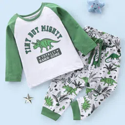 Babyhug Cotton Knit Raglan Sleeves Night Suit Dino Print - Green & Ecru-picture-14