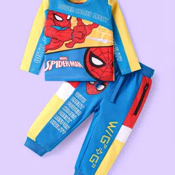 Babyhug Marvel Single Jersey Knit Full Sleeves Cut & Sew Spider Man Printed T-Shirt & Joggers Set - Blue Yellow & Red-picture-12