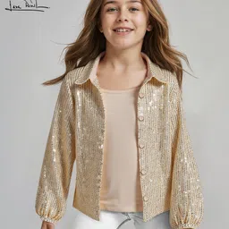 arias by lara dutta Arias Woven Full Sleeves Front Open Party Top & Solid Colour Inner Tee With Sequin Detailing - Golden-picture-20