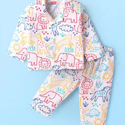 Babyhug Cotton Knit Full Sleeves Co-ords Night Suit with Jungle Theme Print - White-picture-13