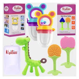 Kritiu Baby Silicone Teether Fruit Nibbler & Combo Pack Of 5 Non Toxic BPA Free Teething Toys - Multicolor image 1