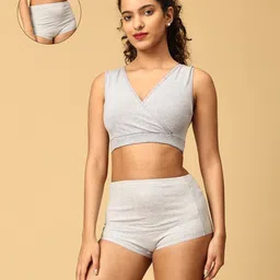 The Mom Store Cotton Sleeveless Solid Nursing Sleeping Maternity Bra & Overbelly Support Panties - Grey-picture-28