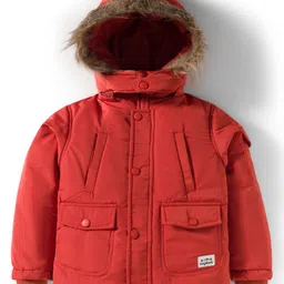 Babyhug Woven Full Sleeves Solid Color Puffer Jacket with Detachable Hood - Rust Orange-picture-27