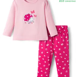 Babyoye Preemie 100% Cotton Knit Full Sleeves Night Suit With Animal & Floral Print - Pink image 1