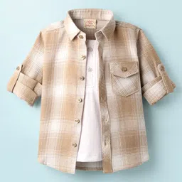 Rikidoos Full Sleeves Checked Shirt With Attached Tee - Beige & White-picture-23