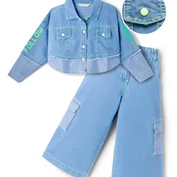 OLLINGTON ST. Denim Knit Full Sleeves Jacket & Denim Loose Pants Set With Cargo Pockets - Light Blue-picture-25