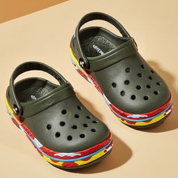 Toothless Abstract Designed Perforated Slingback Clogs - Olive Green-picture-6