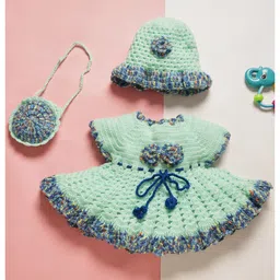MayRa Knits Hand Knitted Knit Cap Sleeves Floral Crochet Designed Dress With Cap & Sling Bag - Green-image-58