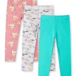 Ariel Cotton Knit Pack Of 3 Unicorn & Cats Printed Leggings - Orange Grey & Turquoise Blue-picture-28