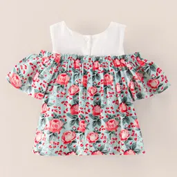 Babyhug Half Sleeves Cold Shoulder Rayon Top With Floral Print - White Mint Aop image 2