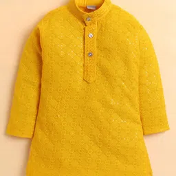 BT DEZINES Viscose Woven Full Sleeves Floral Embroidered & Sequins Embellished Kurta Pyjama Set - Yellow image 3