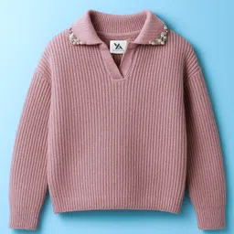 Yellow Apple Knit Full Sleeves Solid Co-Ord Sweatshirt & Lounge Pant Set with Pearl Applique - Rose Gold image 2