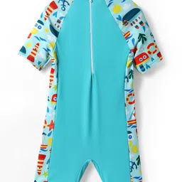 KIDLINGSS Half Raglan Sleeves Boat Printed Legged Swimsuit With Cap Set - Aqua Blue image 4