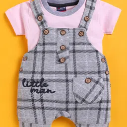 Jb Club Cotton Knit Half Sleeves Little Man Text Embroidered Dungaree & Half Sleeves Tee Set - Pink image 4