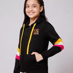 ALAN JONES Cotton Blend Knit Full Sleeves You Are Magical Text Printed Light Winter Hooded Sweatjacket - Black image 4