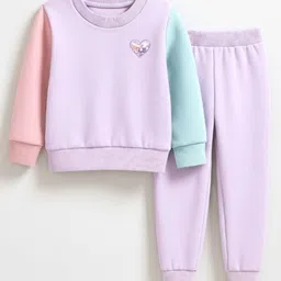 Bubble Berry Knit Full Sleeves Heart Glitter Patch Detailed & Colour Blocked Oversized Winter Sweatshirt With Joggers Set - Purple Pink & Sea Green image 4