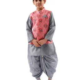 Lil Drama Kids Pink & Grey Floral Print Full Sleeves Kurta, Dhoti With Nehru Jacket-picture-27