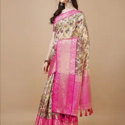 JUST FASHION Beige & Pink Silk Printed Saree With Unstitched Blouse image 3