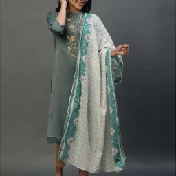 Aurelia Off-White & Green Cotton Printed Dupatta image 3