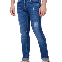 Spykar Blue Cotton Tapered Fit Distressed Jeans image 3