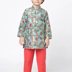 Lil Drama Kids Mint Green & Coral Floral Print Full Sleeves Kurta With Pants-picture-45