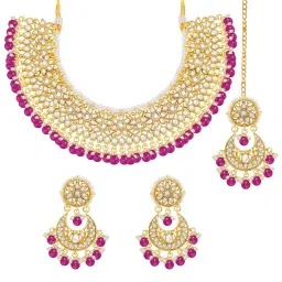 Peora Gold Plated Kundan Choker Necklace Earrings with Maang Tikka Set image 3
