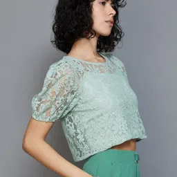Ginger by Lifestyle Sage Green Cotton Lace Work Crop Top image 3