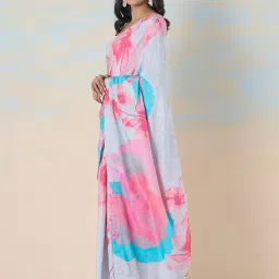 navyasa by liva Pink & Blue Floral Print Saree With Unstitched Blouse image 3