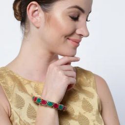Priyaasi Gold-Plated Ruby and Emerald Studded Kada Bracelet-picture-46