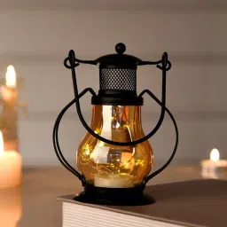 Tayhaa Black Metal Mini Lantern Amber Glass Tealight Holder-picture-25