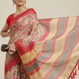 Silk Land Yellow & Coral Printed Saree With Unstitched Blouse image 3